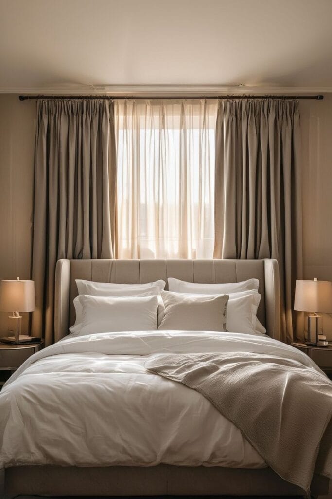 layered sheer curtains with blackout curtains in a luxury bedroom 