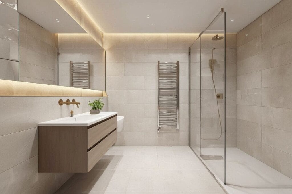 Small bathroom ideas featuring a bright luxury layout with floating vanity and large mirror