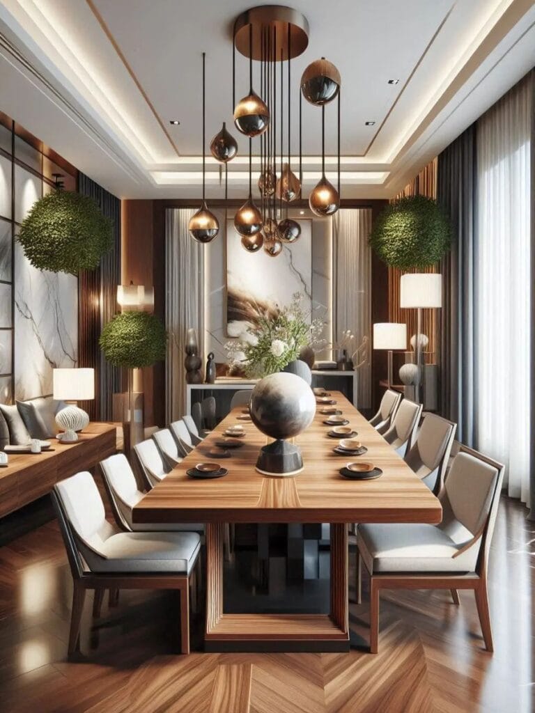 statement dining table as anchor in dining room decor ideas