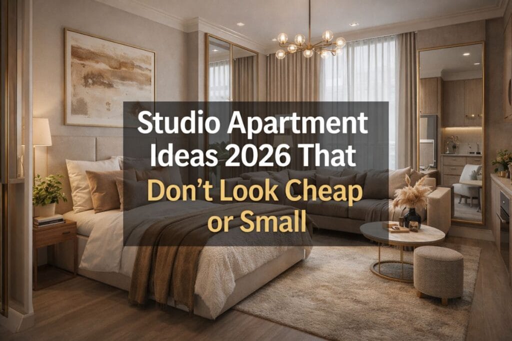 Studio Apartment Ideas 2026 that don’t look cheap or small featuring modern decor, cozy layout, warm lights, and luxury small space styling.