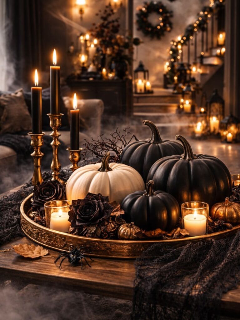 Elegant Matte Black Pumpkins Halloween Home Decor styling idea