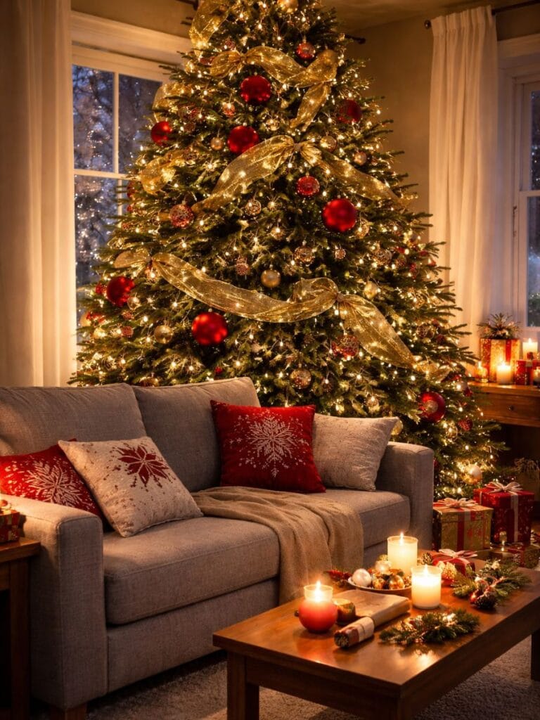 Oversized Christmas tree overwhelming small living room decor 