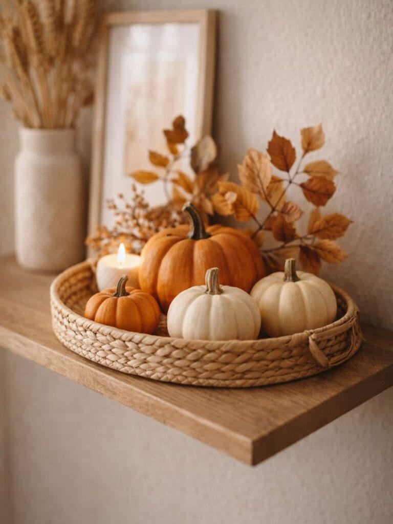 Mini pumpkin display on a tray for fall home decor diy in a small space