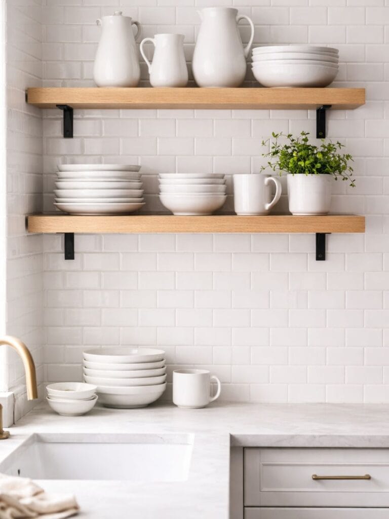 minimalist white ceremic decor on floating kitchen shelves