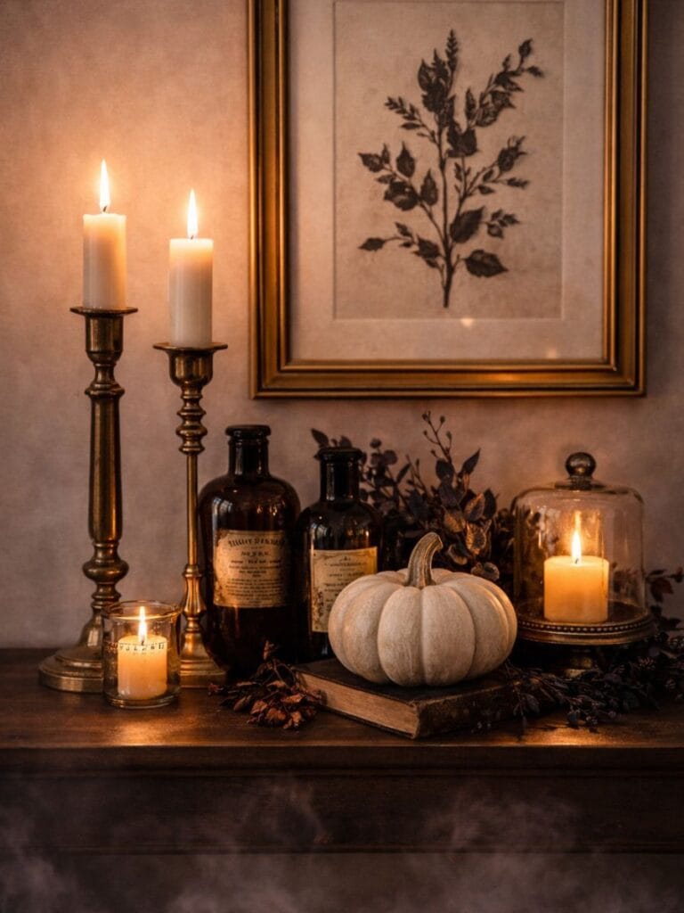 Vintage Halloween Home Decor Styling with brass candlesticks and botanical prints 
