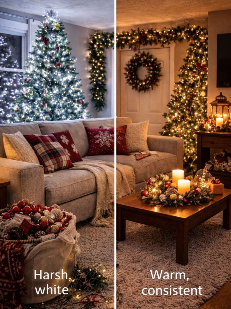 Harsh white vs warm lighting in small christmas living room 