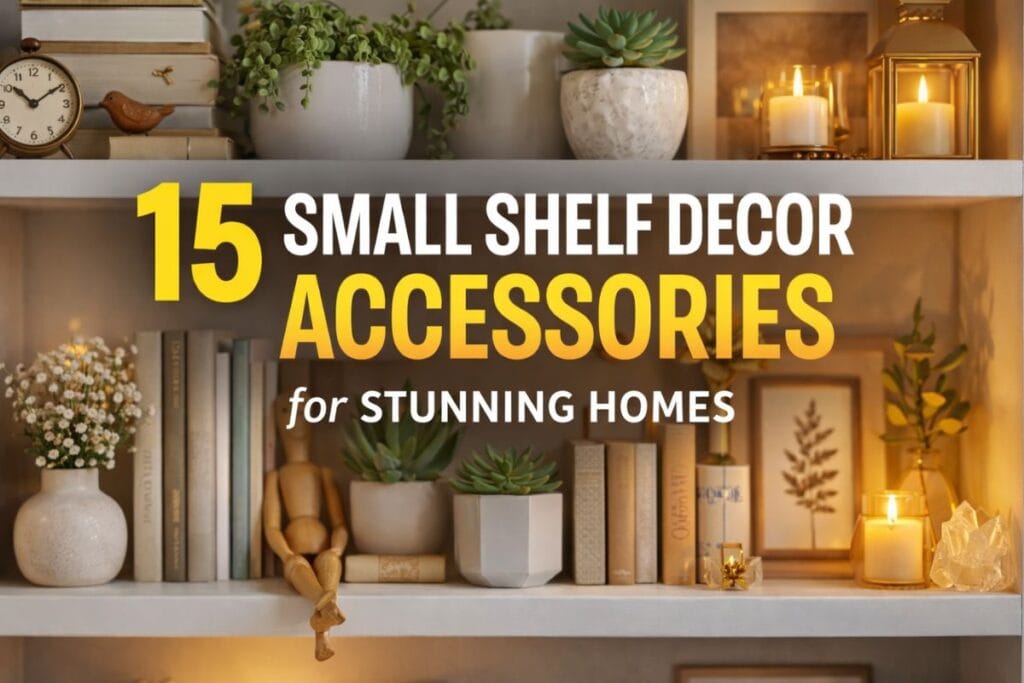 Stylish shelf decor accessories arranged on modern home shelf