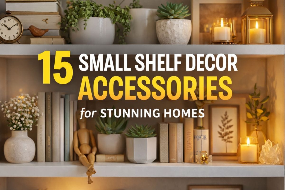 Stylish shelf decor accessories arranged on modern home shelf