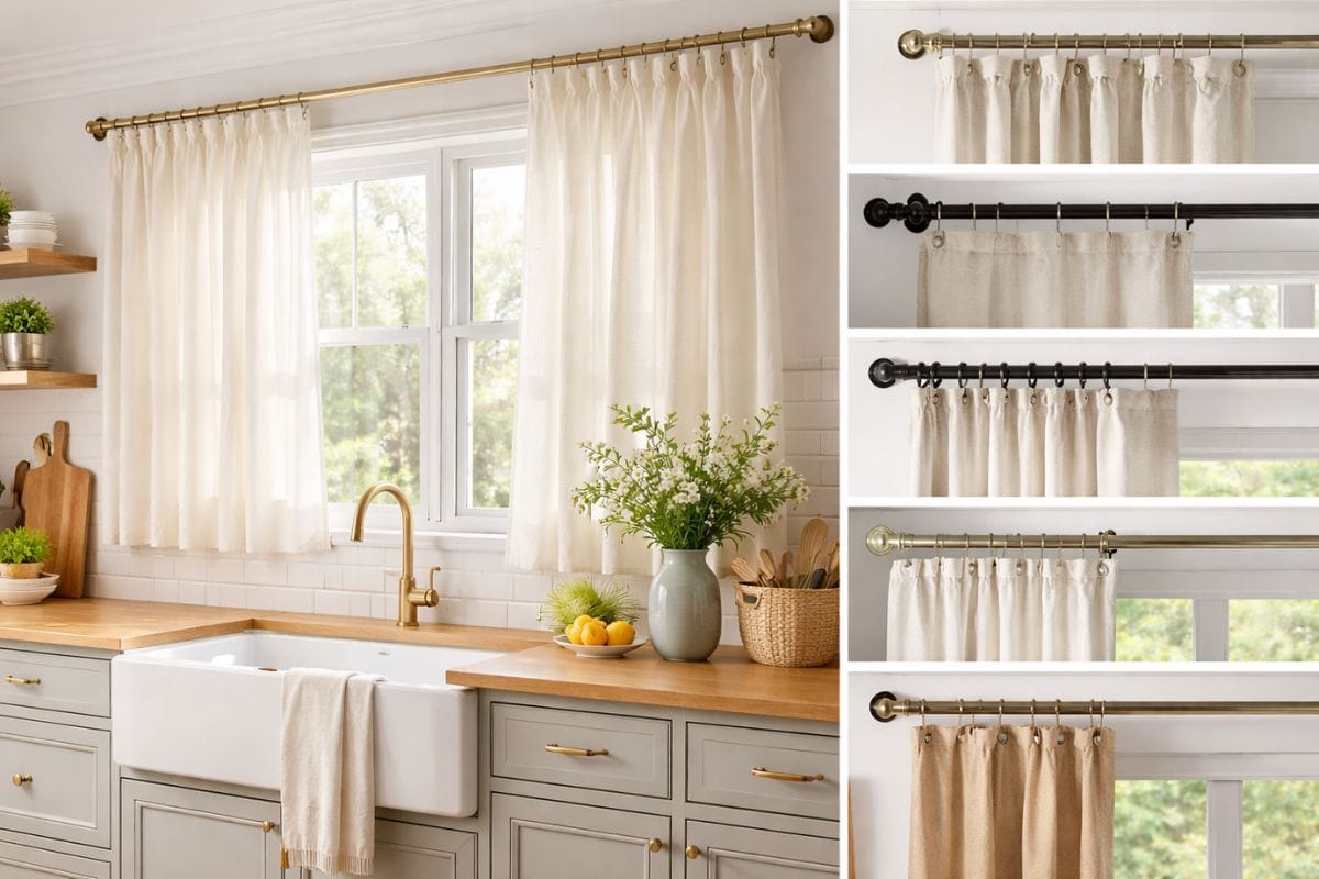 Stylish kitchen curtains rods with soft linen curtains in a bright modern kitchen window