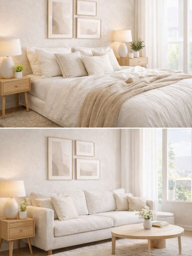minimal white bedroom aesthetic cozy neutral decor 