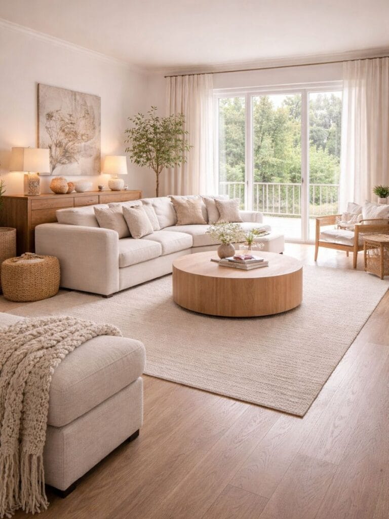 Open airy furniture layout simple clean home decor living room 