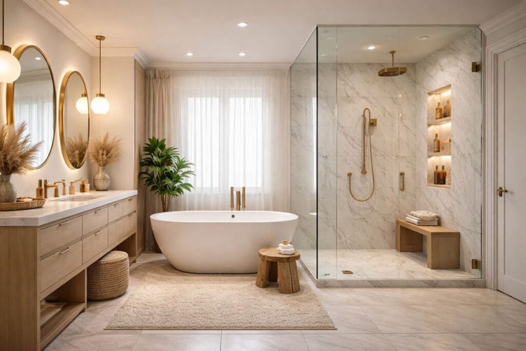 Bathroom decor ideas 2026 with modern warm minimalist design, freestanding tub, marble shower, and elegant gold fixtures.