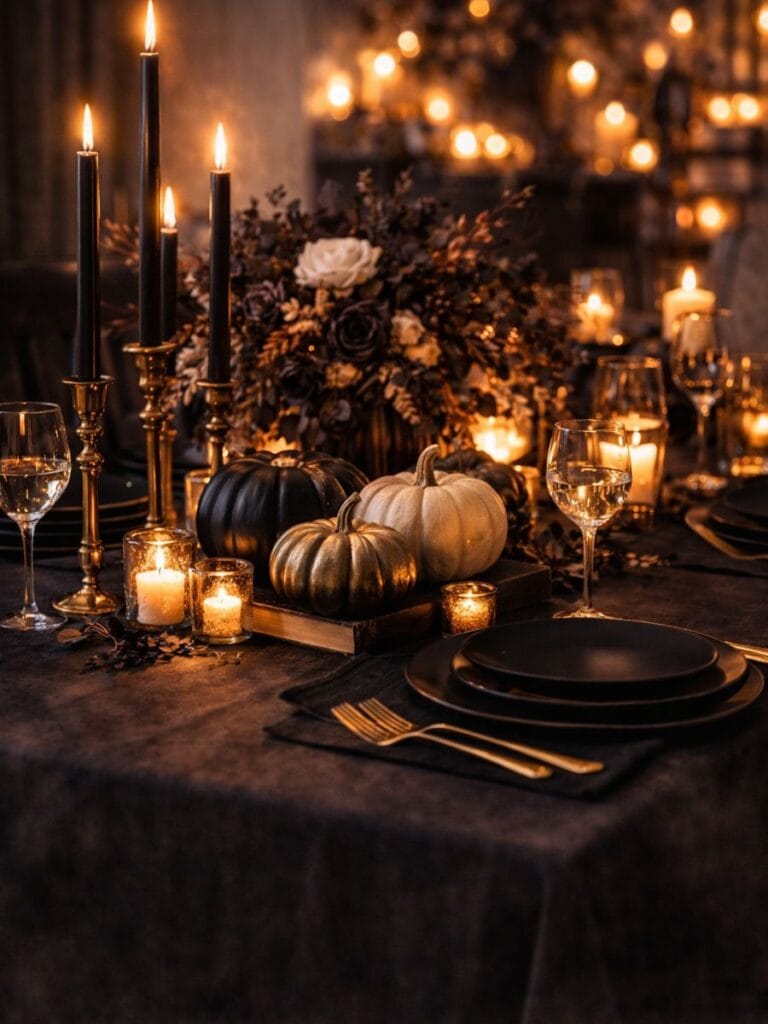 Elegant Halloween Home Decor tablescape with black tablecloth, pumpkins and warm candlelight