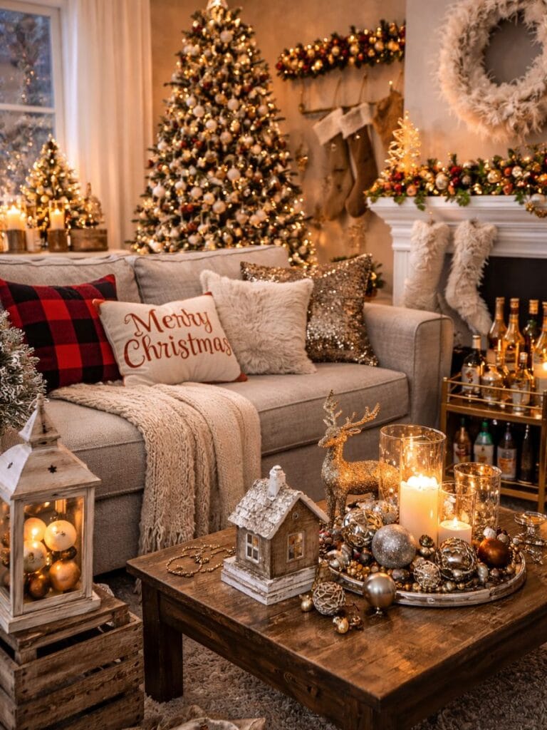 Mixed rustic and glam christmas decor in small living room 