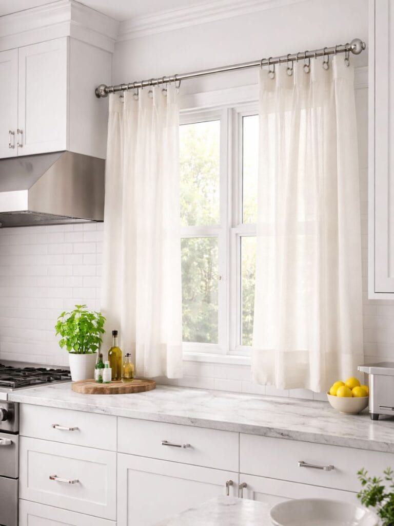 Stainless steel kitchen curtains rods with light curtains in a modern kitchen window 