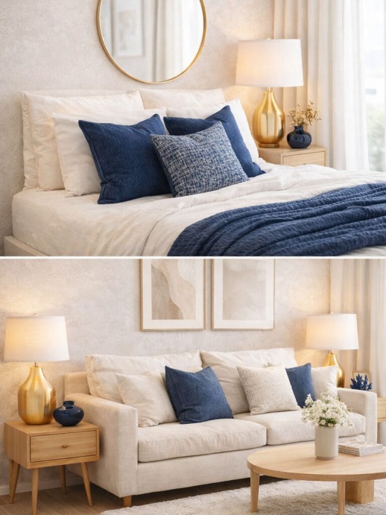 navy and gold home decor luxury neutral room 