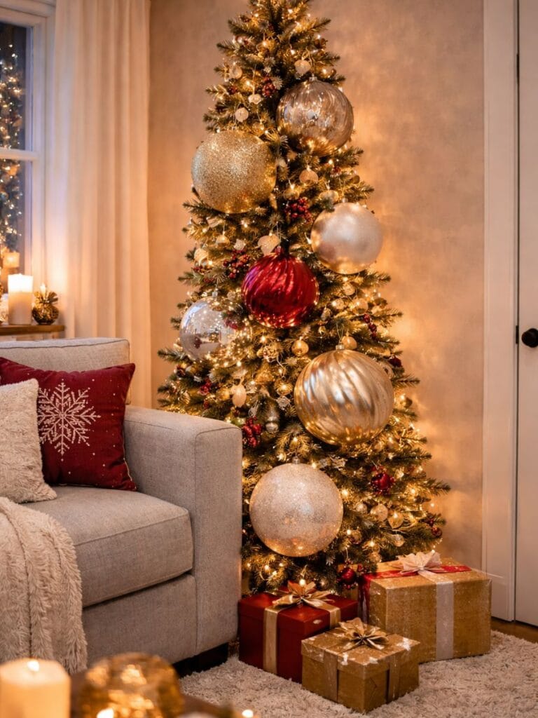 Large Christmas ornament overwhelming a slim tree in small space 