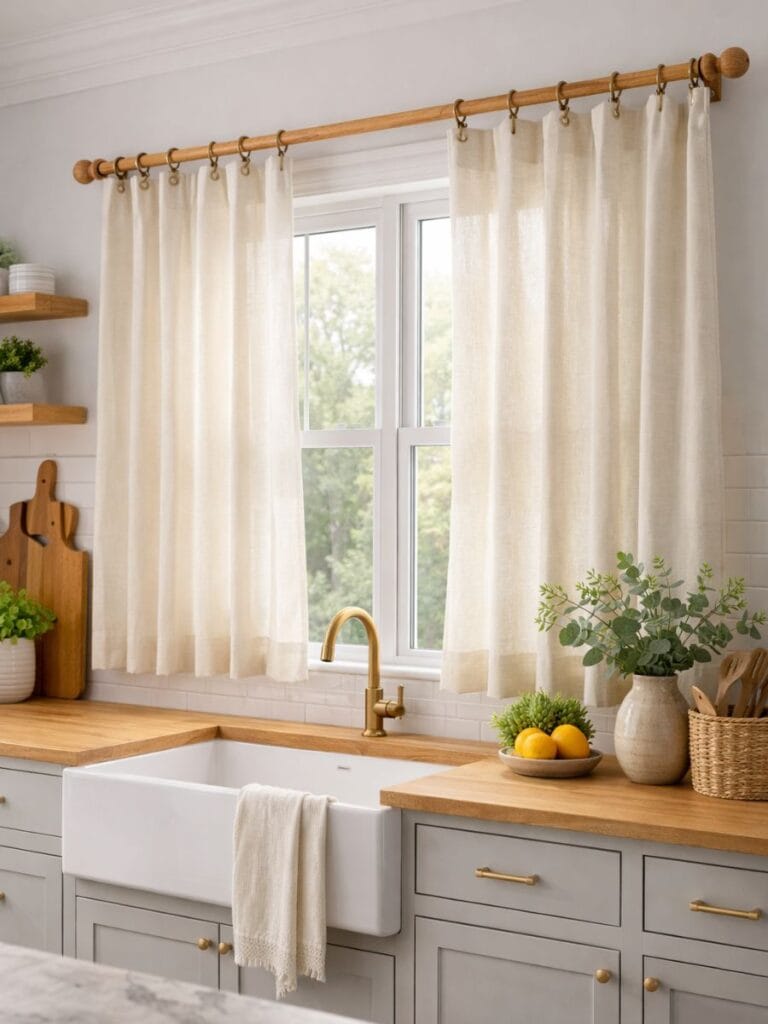 Warm wooden kitchen curtain rods with soft linen curtains in a cozy farmhouse kitchen window