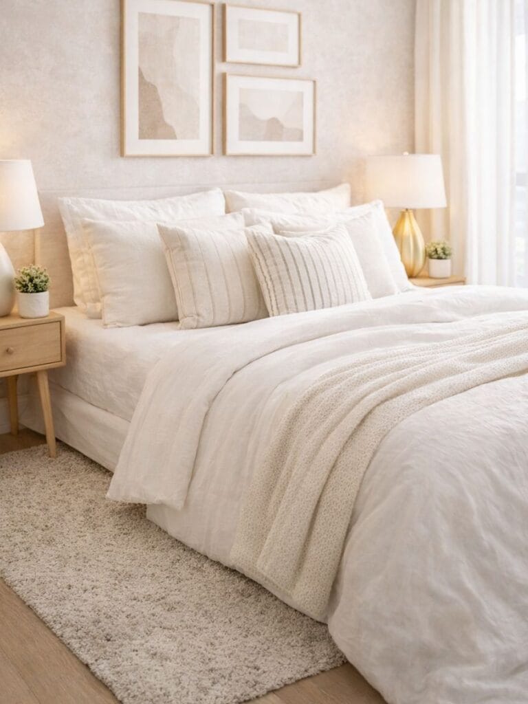 tailored bedding clean neutral bedroom with layered pillow