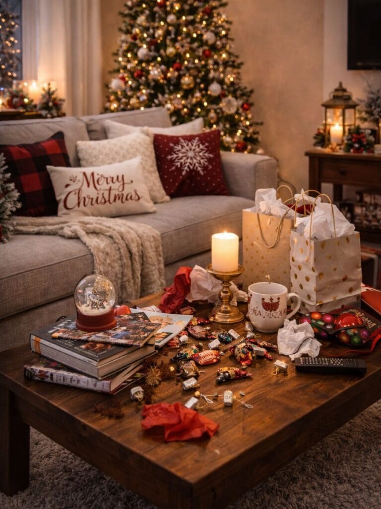 Small living room coffee table covered with random christmas decor
