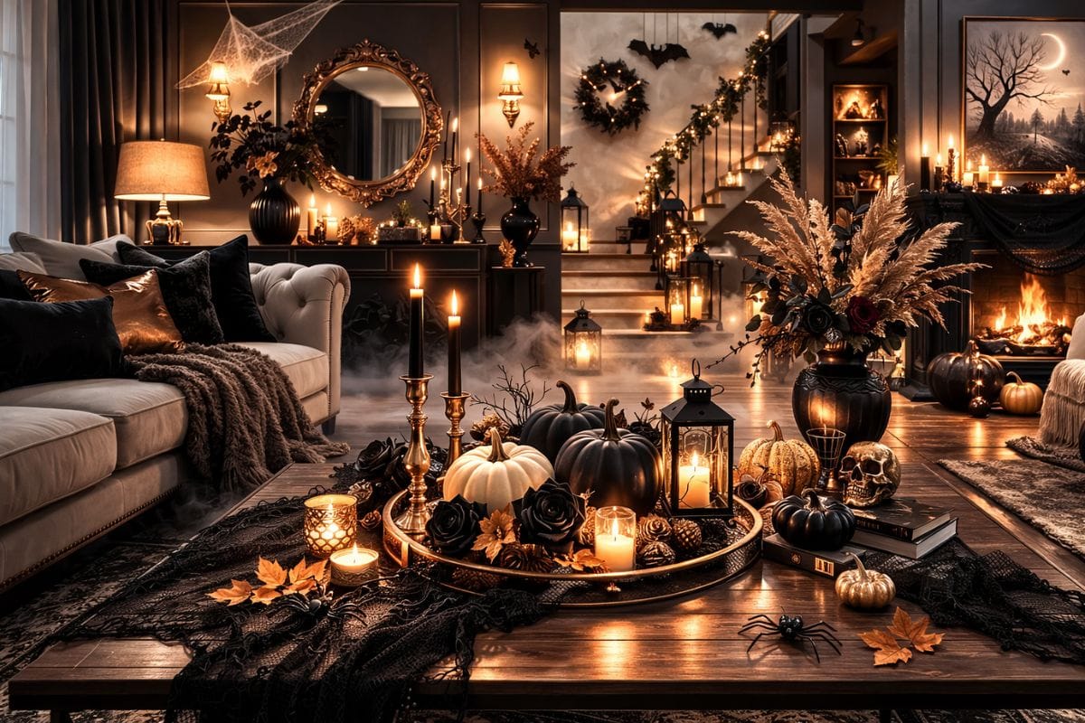 Halloween Home Decor styled living room with black pumpkins, candles, and warm fireplace glow.