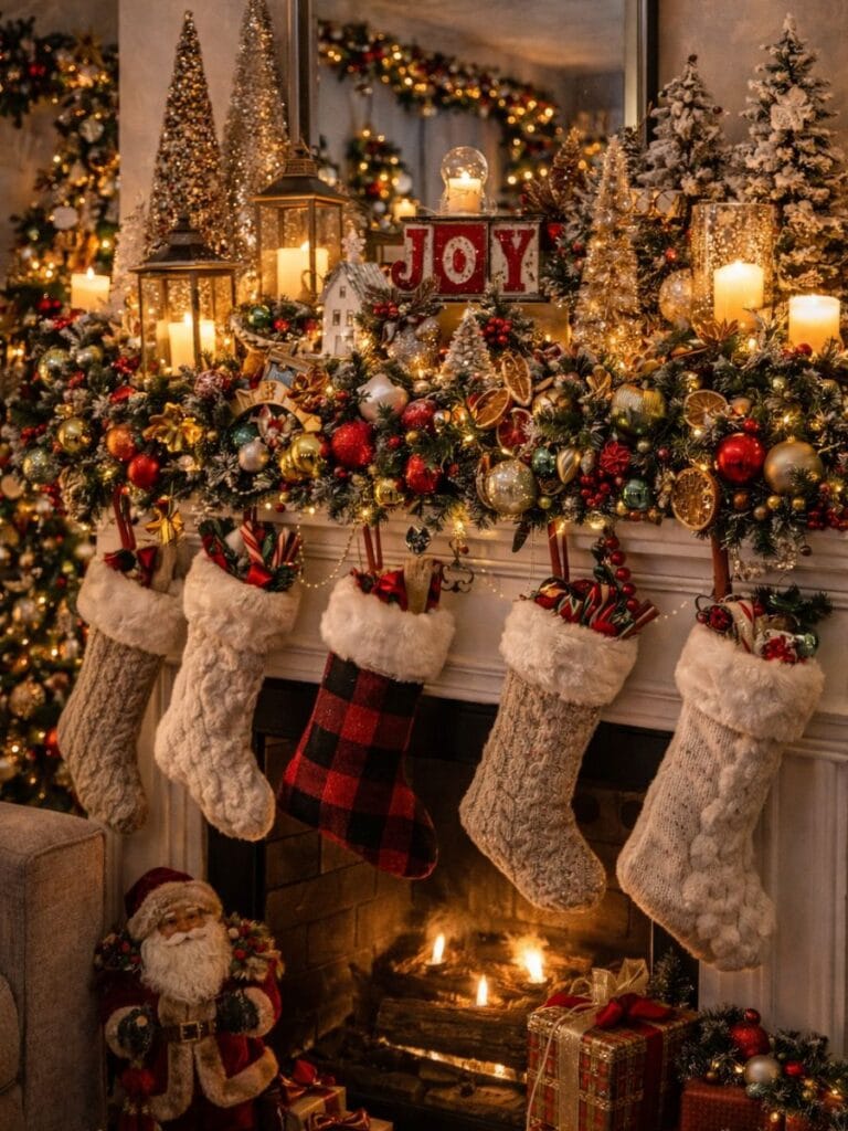 Cluttered fireplace mantel overloaded with christmas decor 