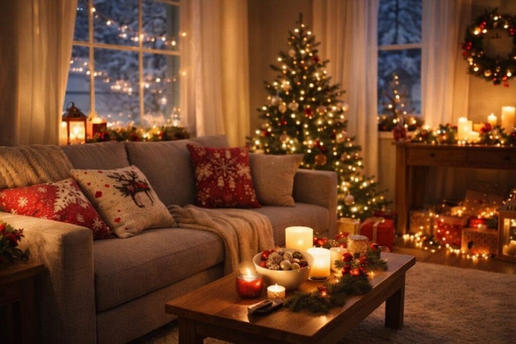 Cozy small living room christmas decor with cozy lights and tree