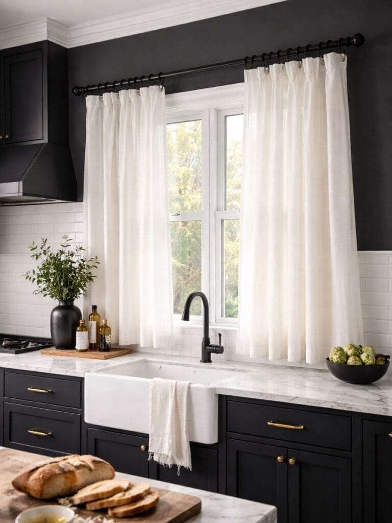 Matte black kitchen curtain rods with white curtains in a modern kitchen window 