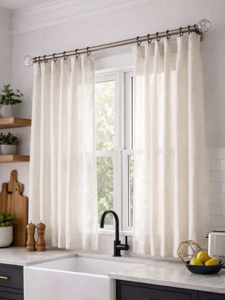 Decorative kitchen curtains rods finials with soft cuttain on a bright kitchen window 