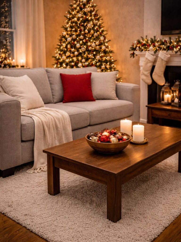 Cozy testured Christmas living room in small space 