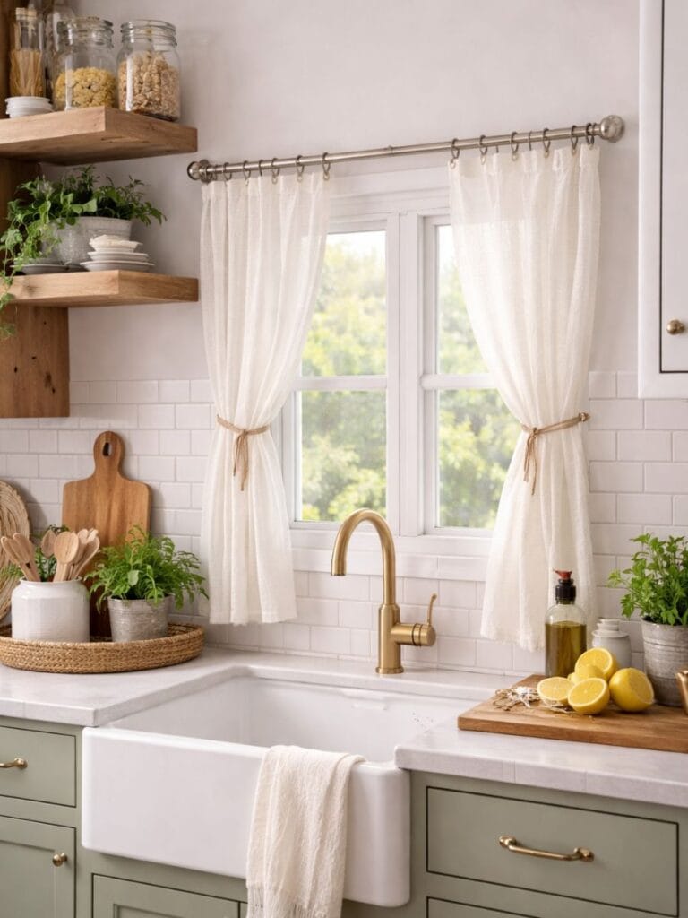 Tension rod curtains on a small kitchen window 
