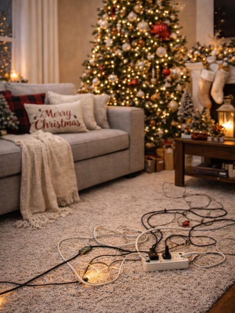 Visible Tangled cords in small living room 