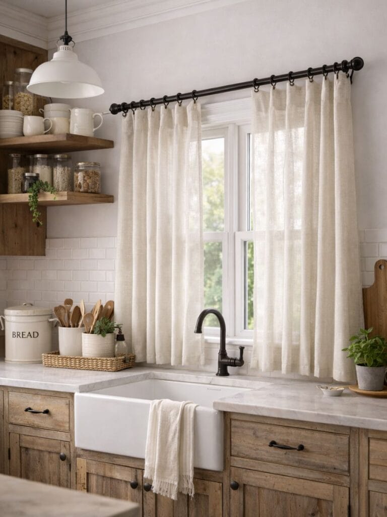 Rustic iron curtain rod on farmhouse kitchen window 