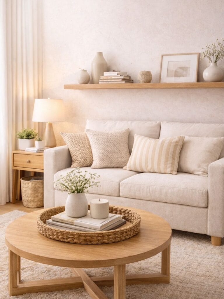 minimalist clutter-free living room with neutral decor and soft lighting 