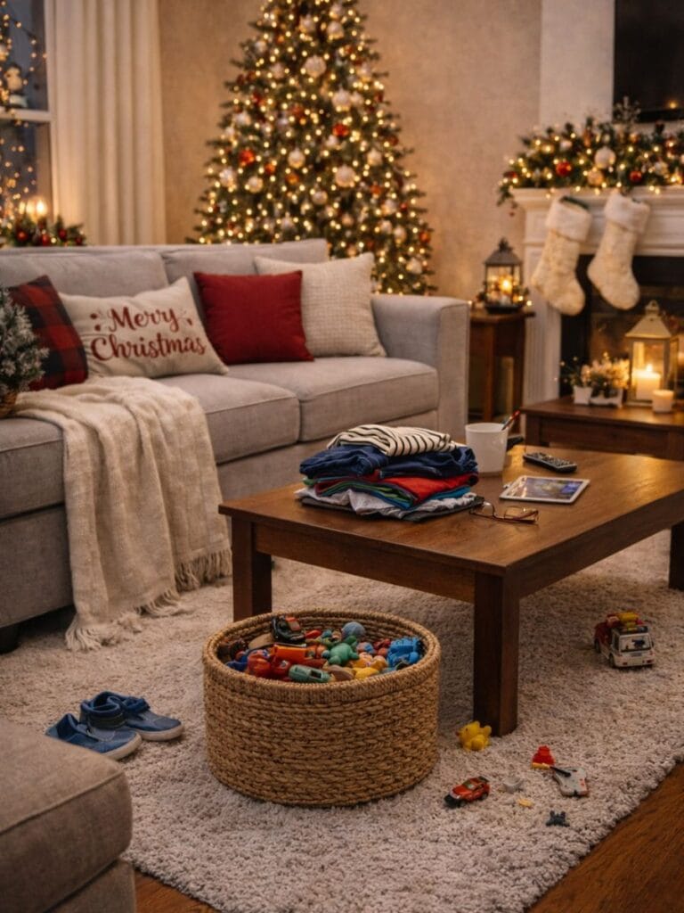 Messy Christmas living room with everyday clutter visible