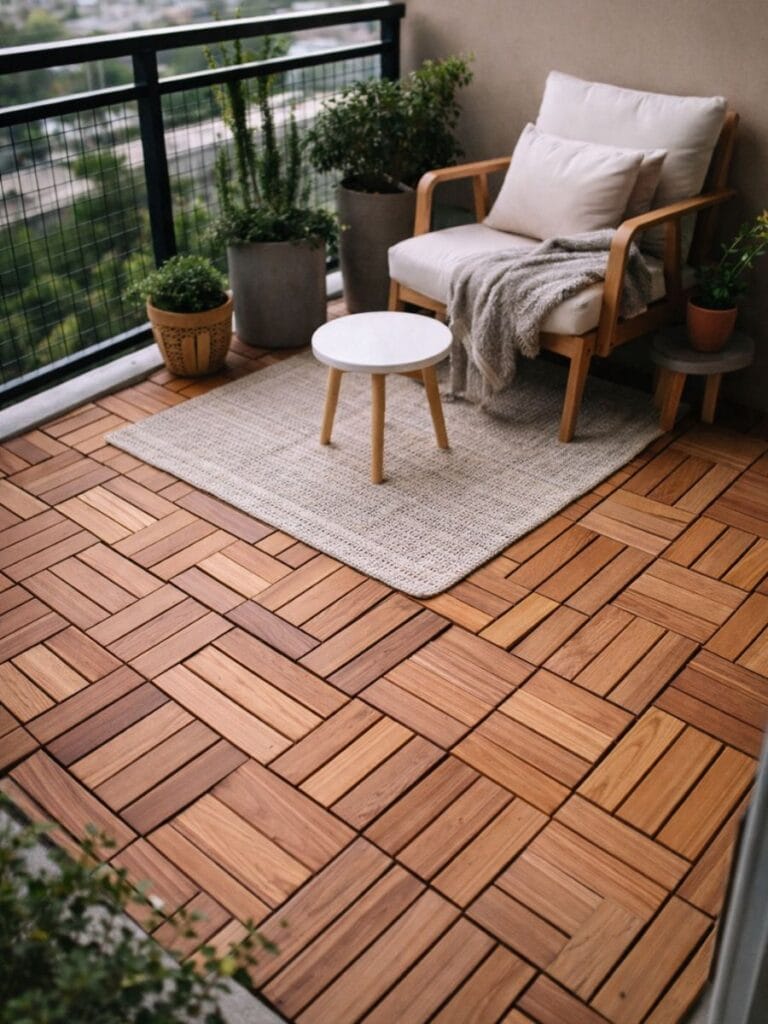 minimalist wooden deck flooring balcony decor ideas 2026 small balcony setup