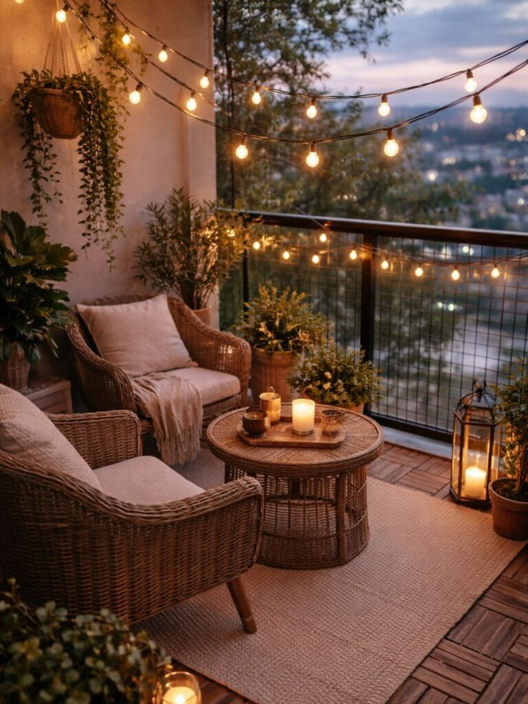 warm string lights balcony decor ideas 2026 cozy outdoor lighting setup small balcony 