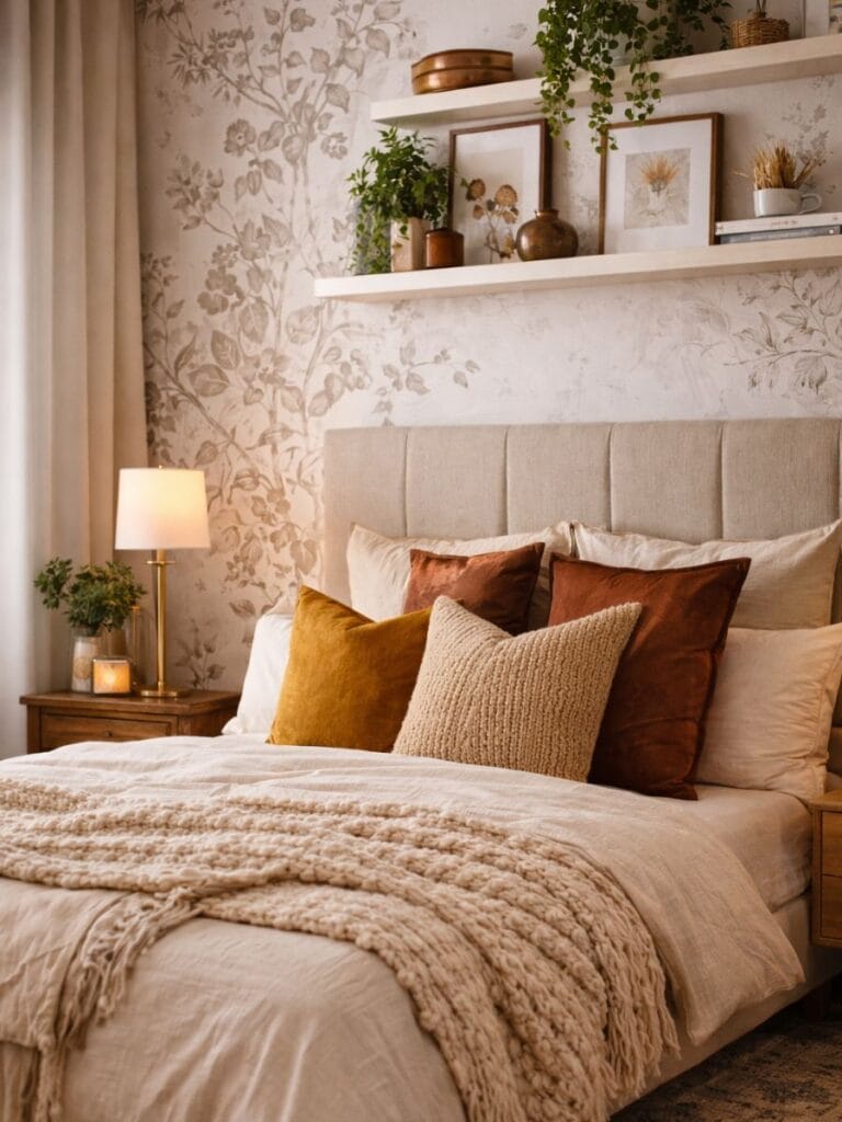 Rental bedroom featuring removable peel-and-atick wallpaper