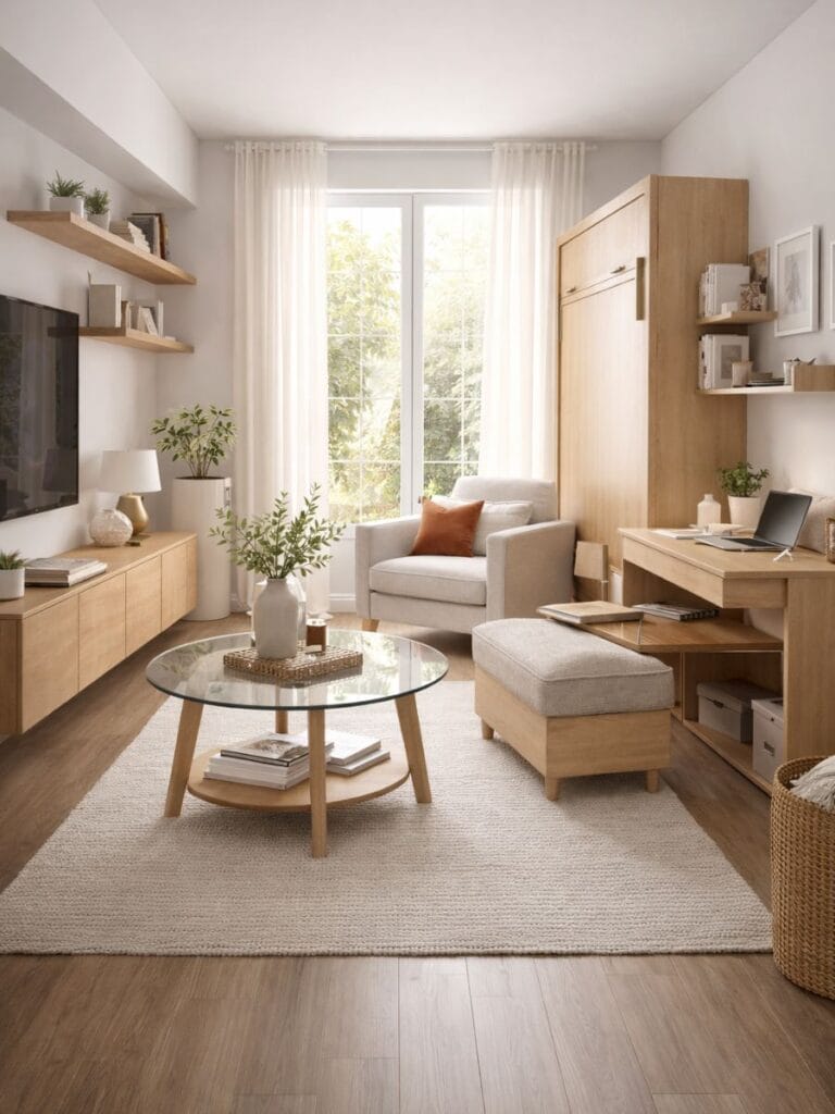 Multi-functional setup showing best furniture styles for small living rooms 