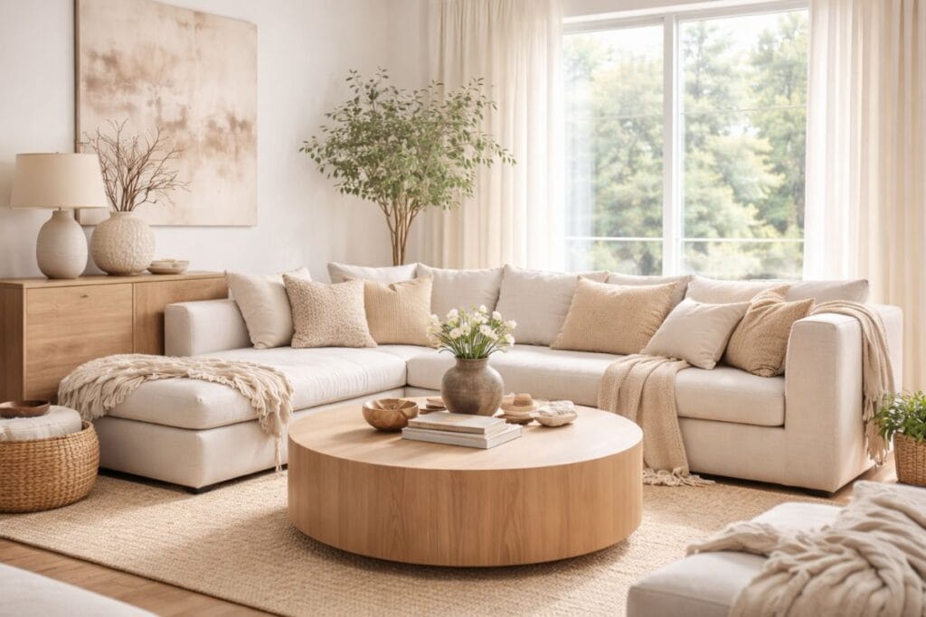 Simple clean home decor living room with neutral sofa, wooden coffee table and warm natural lighting