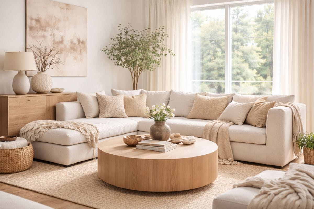 Simple clean home decor living room with neutral sofa, wooden coffee table and warm natural lighting