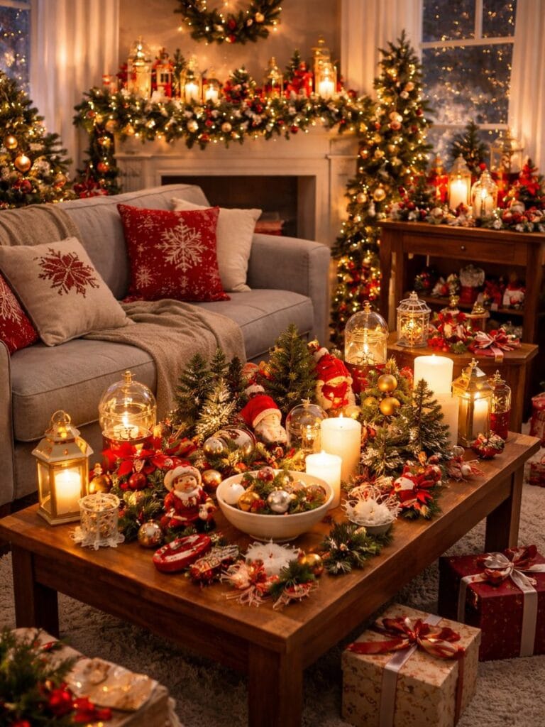 Cluttered small living room christmas decor with overloaded table 