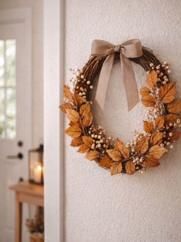 Simple fall wreath DIY for tight entryways with dried leaves and ribbon 