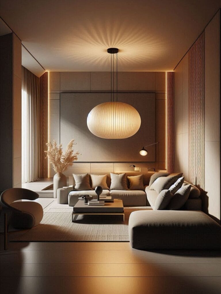 modern living room design ideas with a statment light fixture as the focal point