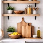 Seasonal decor styled on kitchen floating shelves