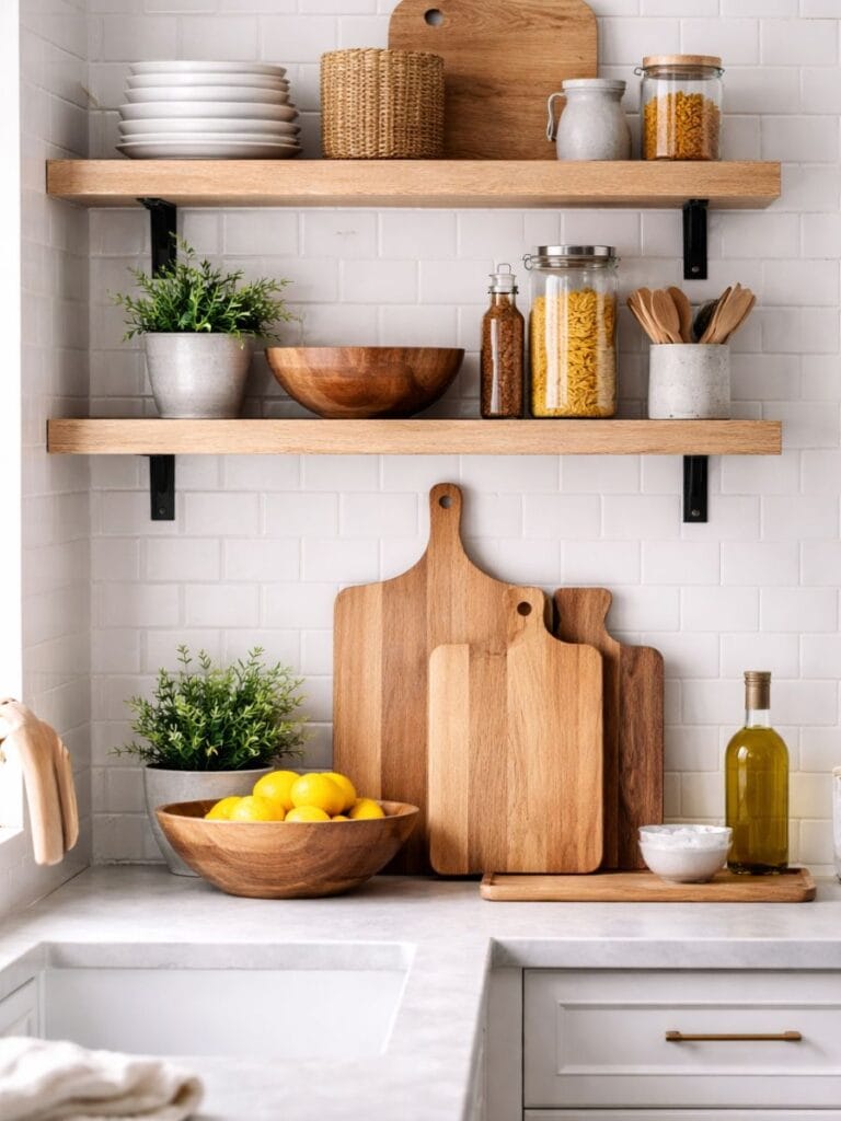 Rustic wooden decor on floating kitchen shelves 