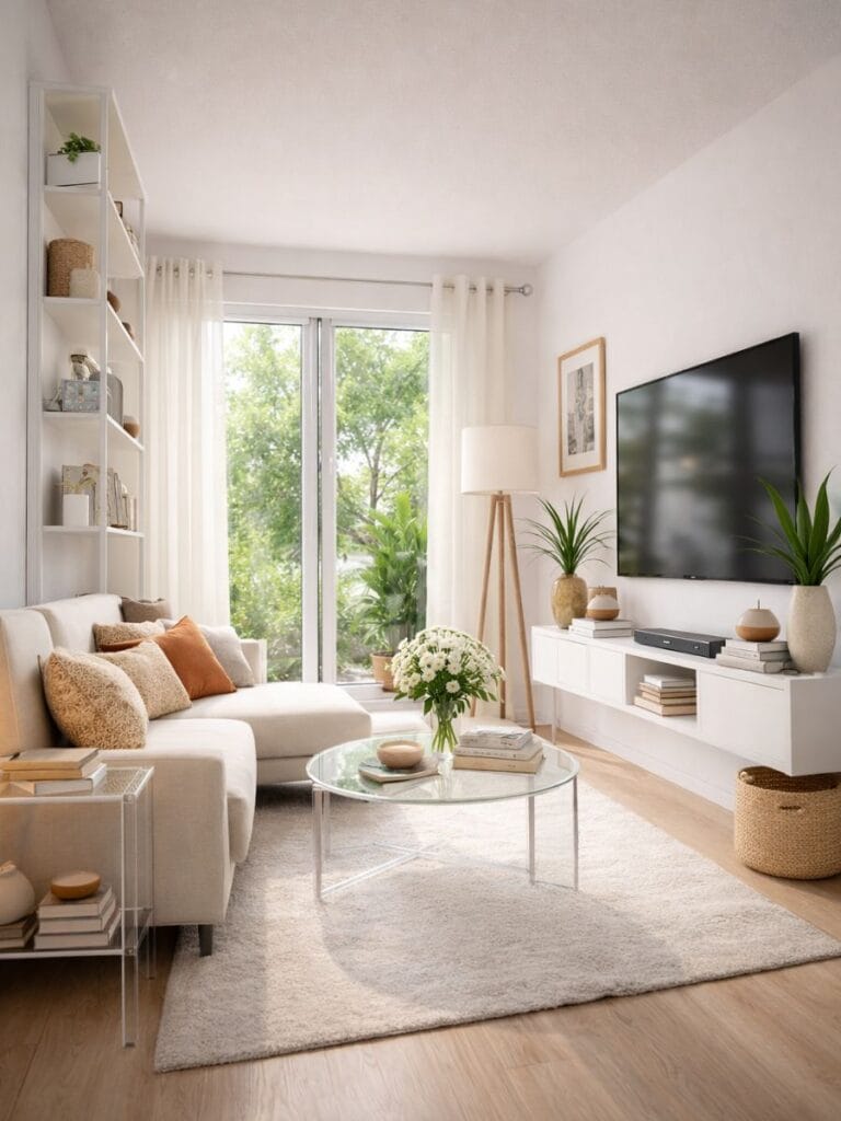 Small living room ideas 2026 vertical storage modern small space