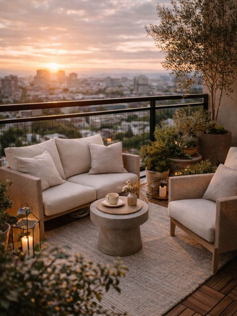 statement outdoor furniture balcony decor ideas 2026 modern small balcony loveseat setup