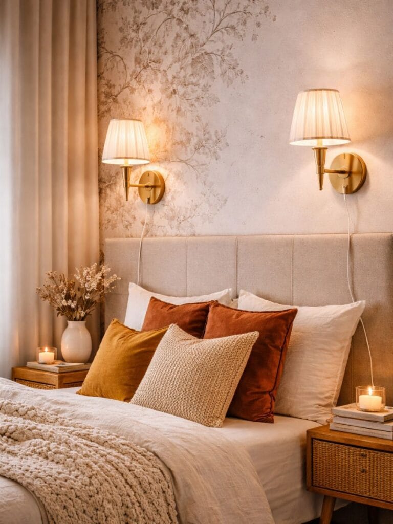 Rental bedroom decor ideas featuring plug-in wall sconces