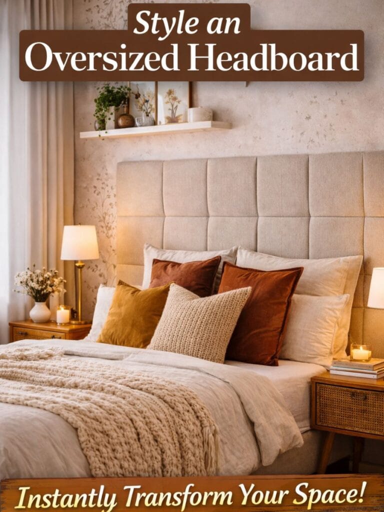 Rental bedroom decor ideas featuring oversized headboard 